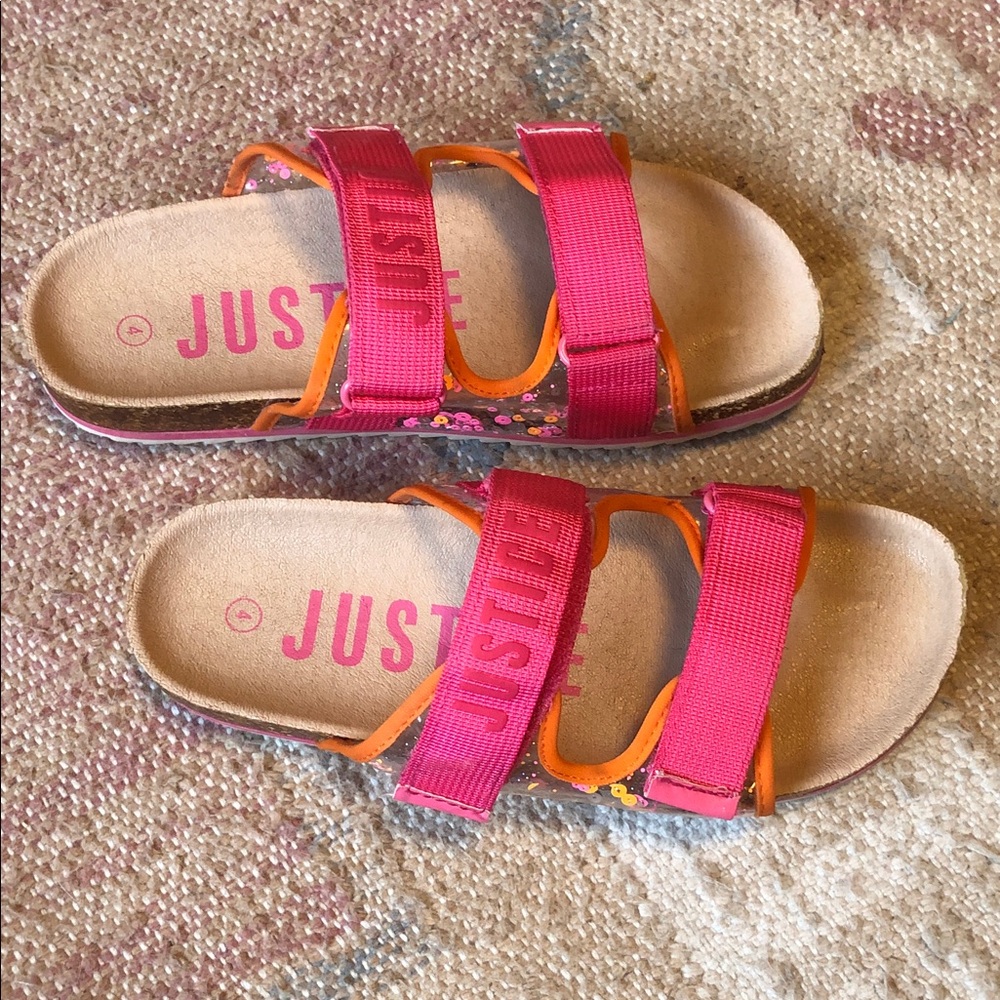 Justice Girl’s Footbed Sandals Pink Straps Glitter Accents Size 4